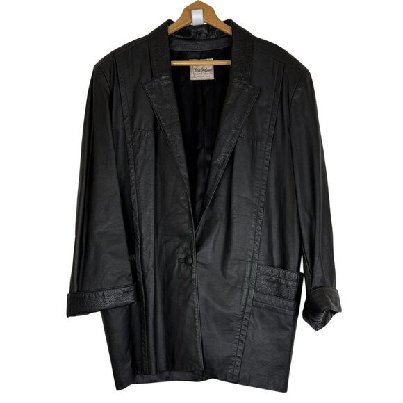 Vtg 70s Black Leather Coat XL Croc Embossed Trim Leathers by New England USA - Picture 1 of 12